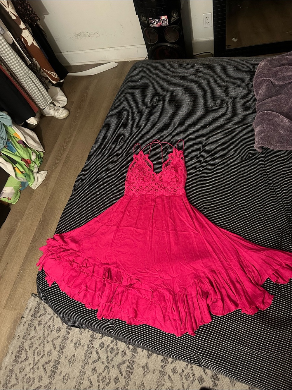 Free People Hot Pink Lace-Trim Spaghetti Strap Swing Dress